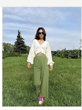 OQQ Green Women's Size Small High Waist Wide Leg Pant Pants Casual Classy Summer